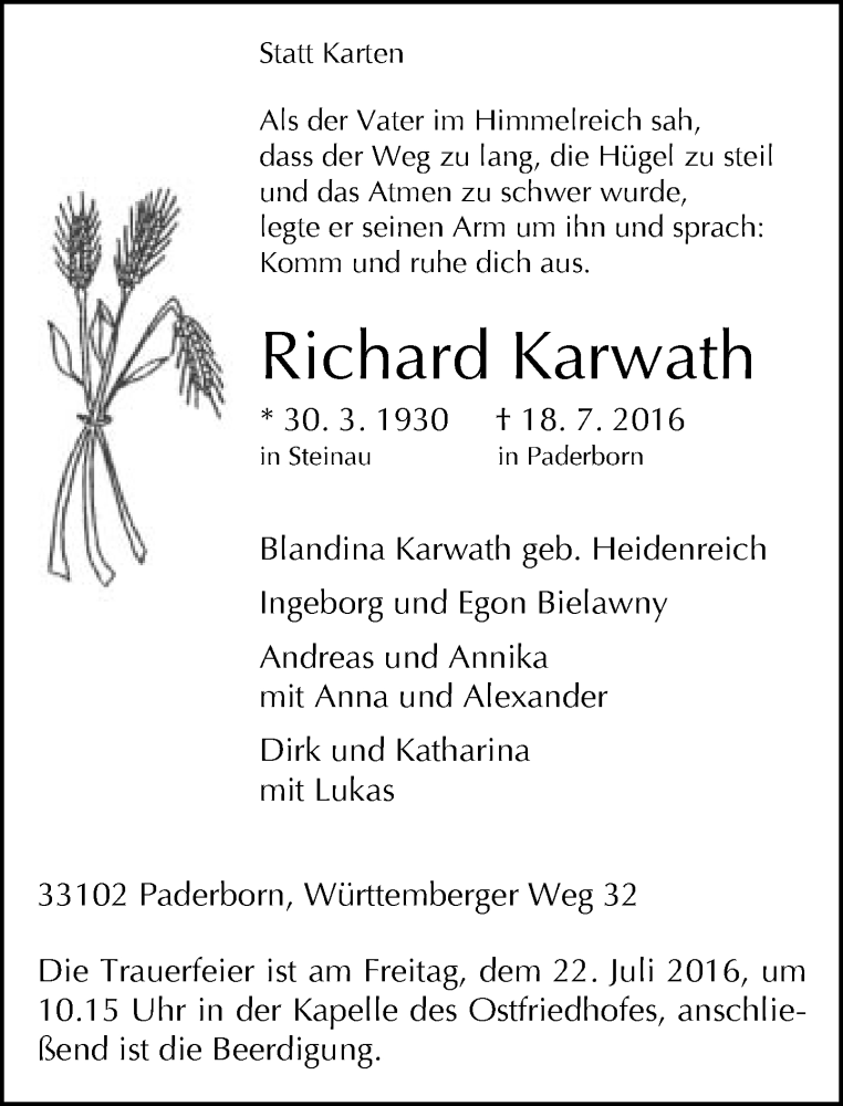  Traueranzeige für Richard Karwath vom 20.07.2016 aus Neue Westfälische