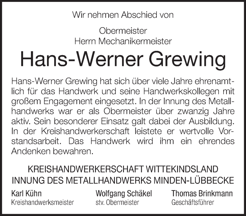  Traueranzeige für Hans-Werner Grewing vom 21.07.2016 aus Neue Westfälische