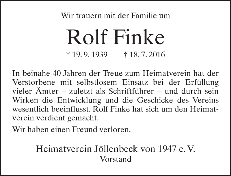  Traueranzeige für Rolf Finke vom 20.07.2016 aus Neue Westfälische