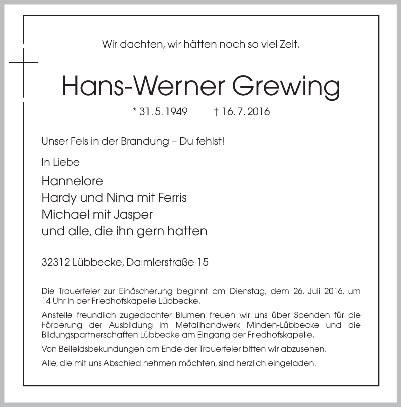 Traueranzeige für Hans-Werner Grewing vom 19.07.2016 aus Neue Westfälische