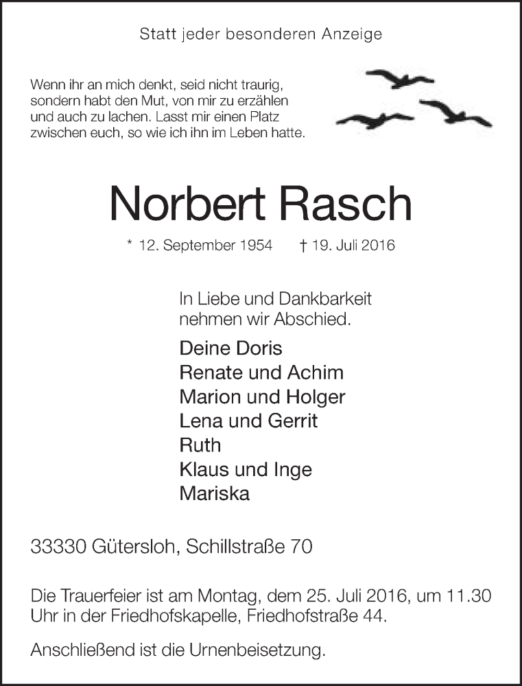  Traueranzeige für Norbert Rasch vom 20.07.2016 aus Neue Westfälische
