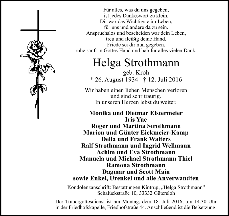  Traueranzeige für Helga Strothmann vom 14.07.2016 aus Neue Westfälische