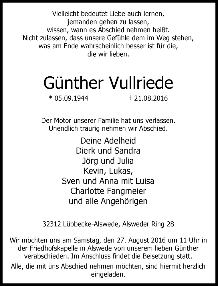 Traueranzeige für Günther Vullriede vom 23.08.2016 aus Neue Westfälische