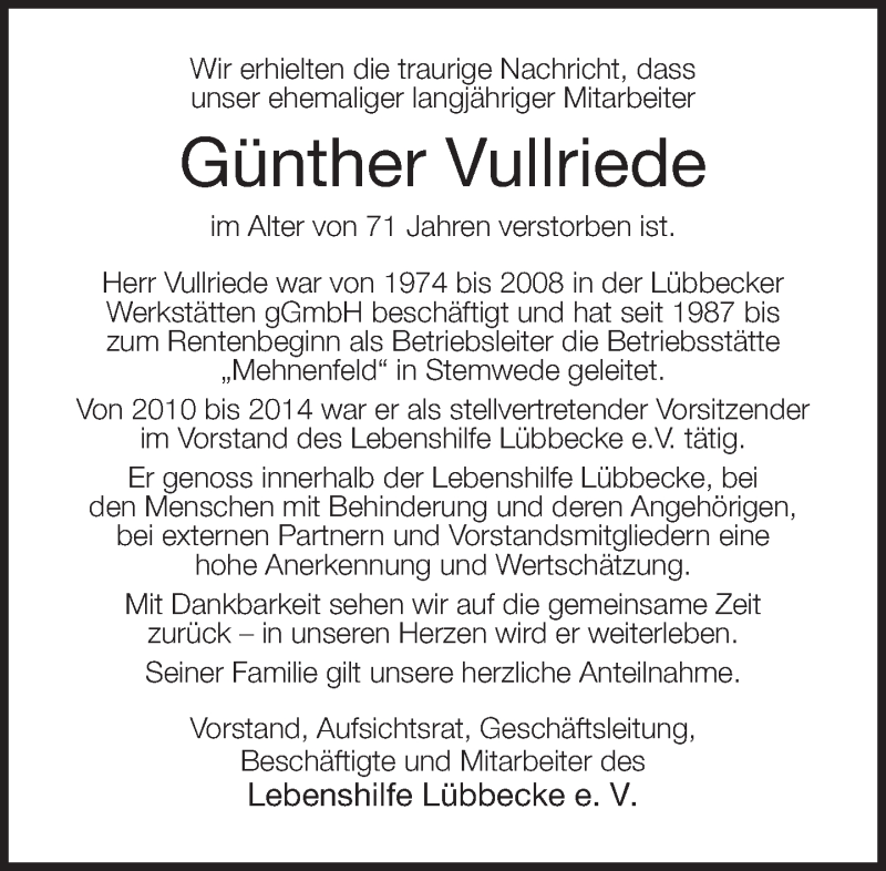  Traueranzeige für Günther Vullriede vom 25.08.2016 aus Neue Westfälische