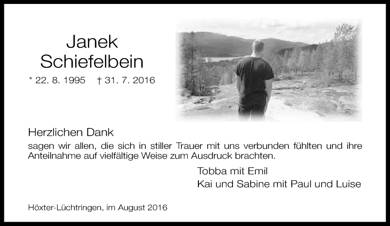  Traueranzeige für Janek Schiefelbein vom 27.08.2016 aus Neue Westfälische