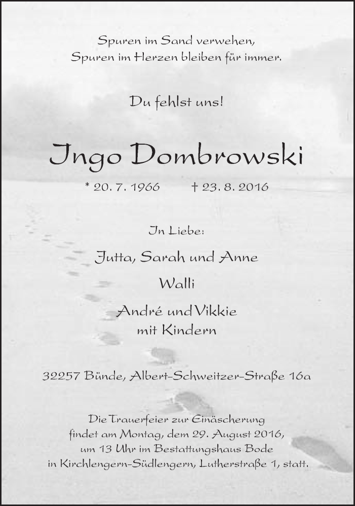  Traueranzeige für Ingo Dombrowski vom 25.08.2016 aus Neue Westfälische