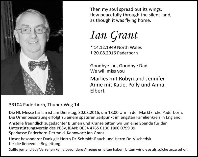  Traueranzeige für Ian Grant vom 24.08.2016 aus Neue Westfälische