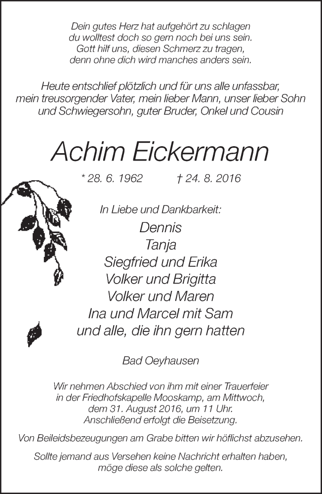  Traueranzeige für Achim Eickermann vom 27.08.2016 aus Neue Westfälische