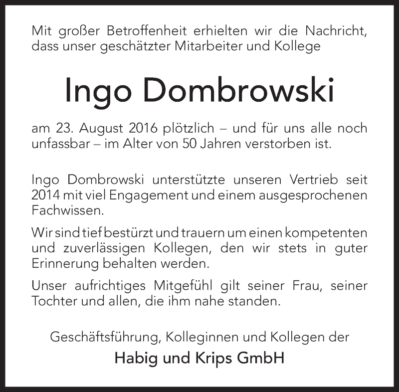  Traueranzeige für Ingo Dombrowski vom 26.08.2016 aus Neue Westfälische