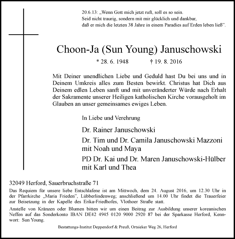  Traueranzeige für Choon-Ja Januschowski vom 22.08.2016 aus Neue Westfälische
