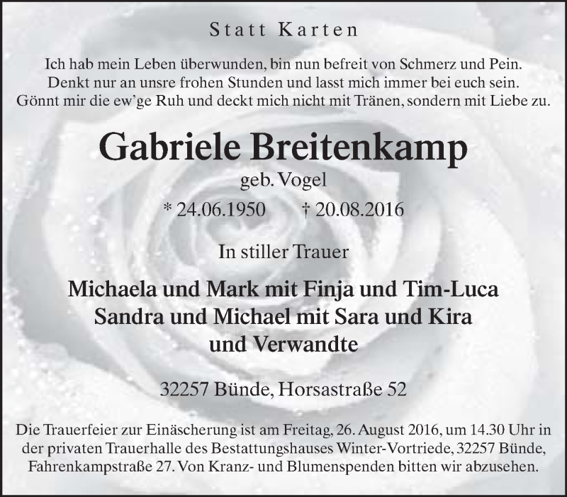  Traueranzeige für Gabriele Breitenkamp vom 24.08.2016 aus Neue Westfälische