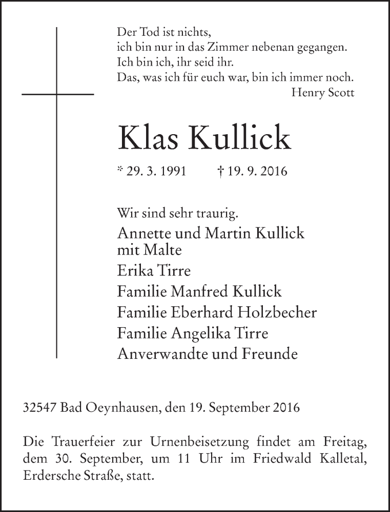  Traueranzeige für Klas Kullick vom 27.09.2016 aus Neue Westfälische