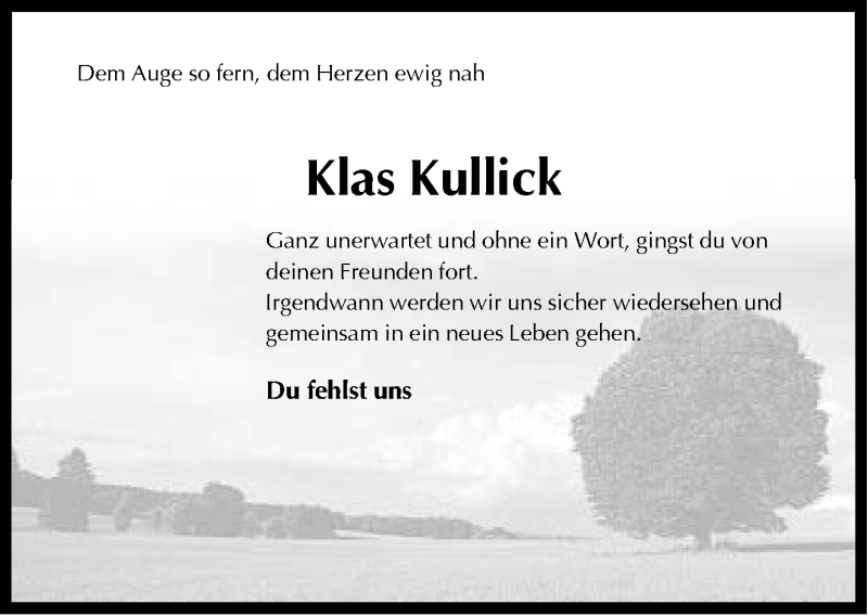 Traueranzeige für Klas Kullick vom 27.09.2016 aus Neue Westfälische