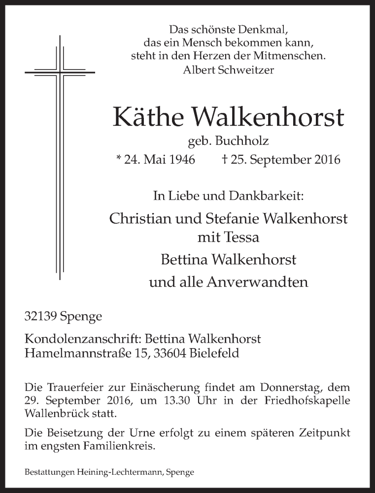  Traueranzeige für Käthe Walkenhorst vom 27.09.2016 aus Neue Westfälische