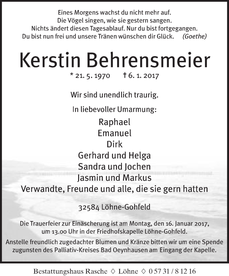  Traueranzeige für Kerstin Behrensmeier vom 11.01.2017 aus Neue Westfälische