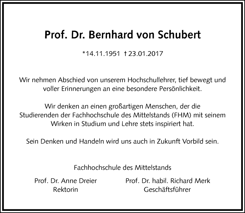  Traueranzeige für Bernhard von Schubert vom 28.01.2017 aus Neue Westfälische
