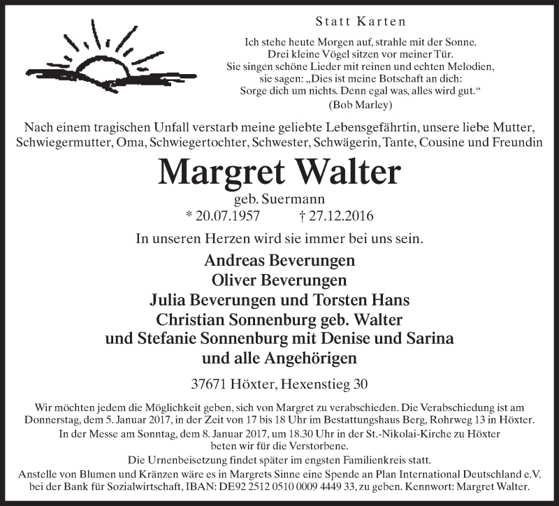  Traueranzeige für Margret Walter vom 03.01.2017 aus Neue Westfälische