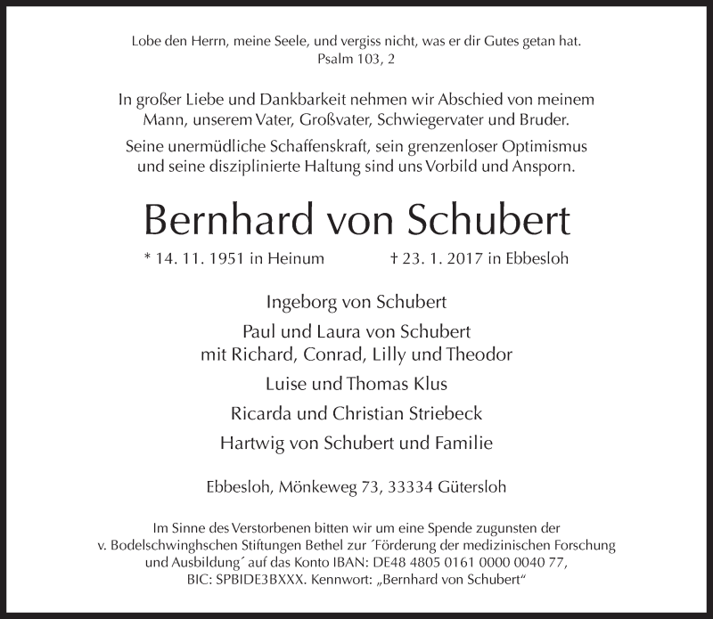  Traueranzeige für Bernhard von Schubert vom 28.01.2017 aus Neue Westfälische