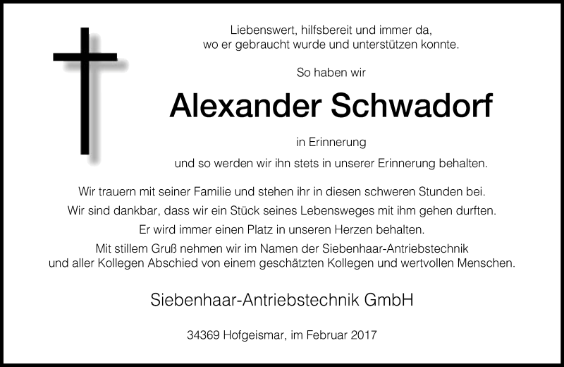  Traueranzeige für Alexander Schwadorf vom 18.02.2017 aus Neue Westfälische