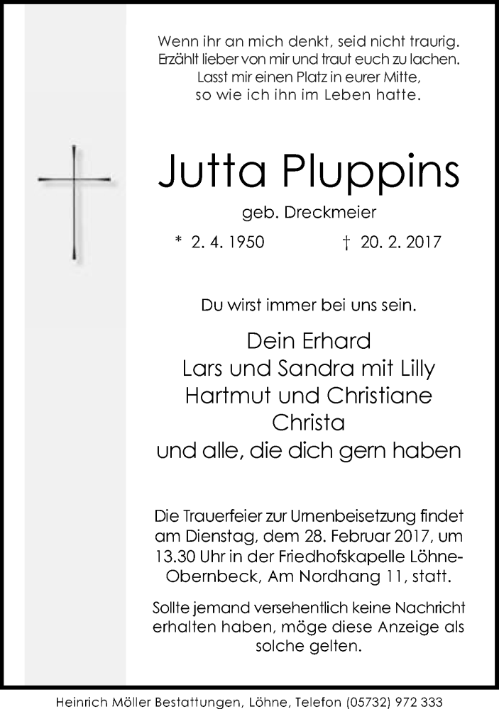  Traueranzeige für Jutta Pluppins vom 23.02.2017 aus Neue Westfälische