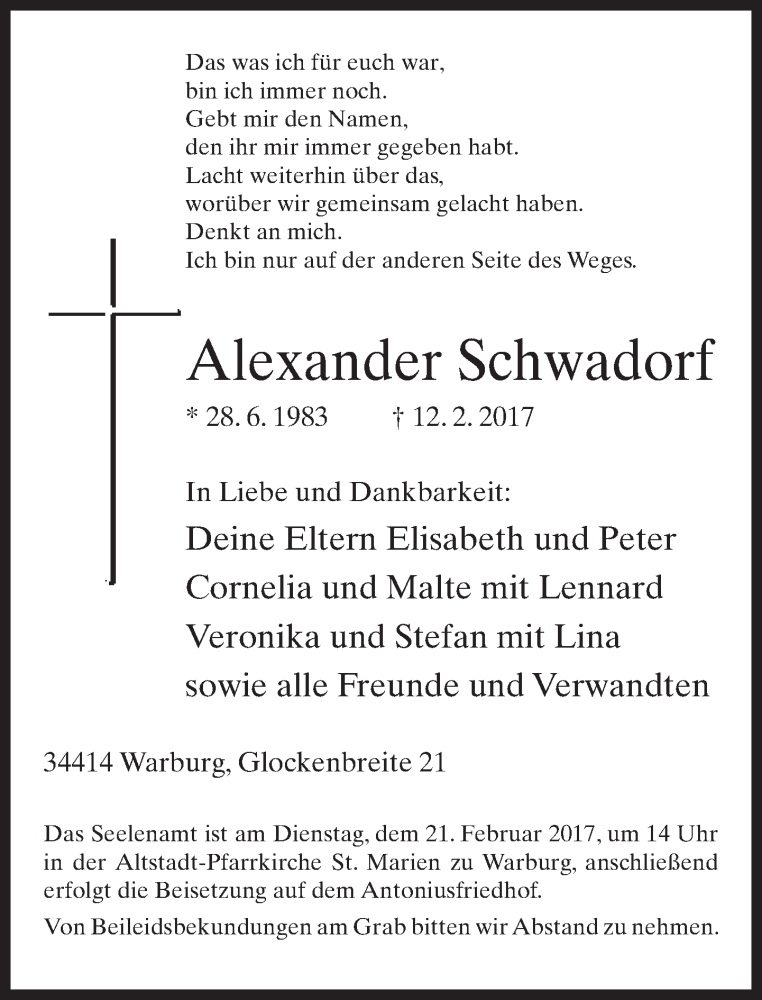  Traueranzeige für Alexander Schwadorf vom 16.02.2017 aus Neue Westfälische