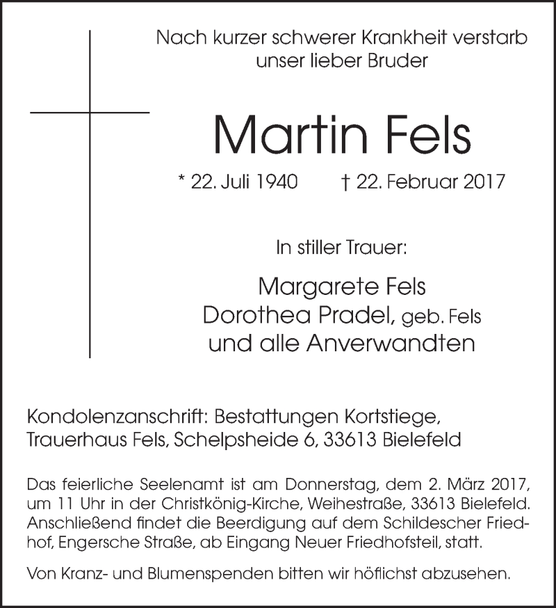  Traueranzeige für Martin Fels vom 25.02.2017 aus Neue Westfälische