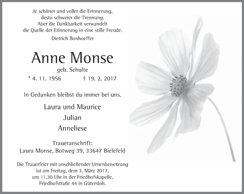  Traueranzeige für Anne Monse vom 25.02.2017 aus Neue Westfälische