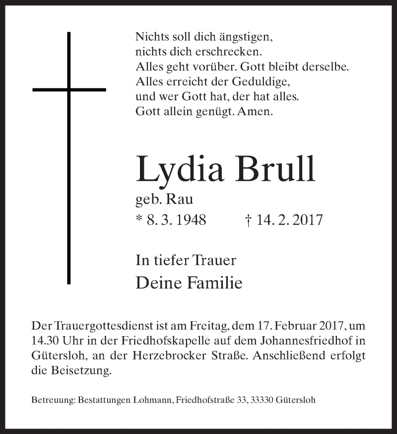  Traueranzeige für Lydia Brull vom 16.02.2017 aus Neue Westfälische