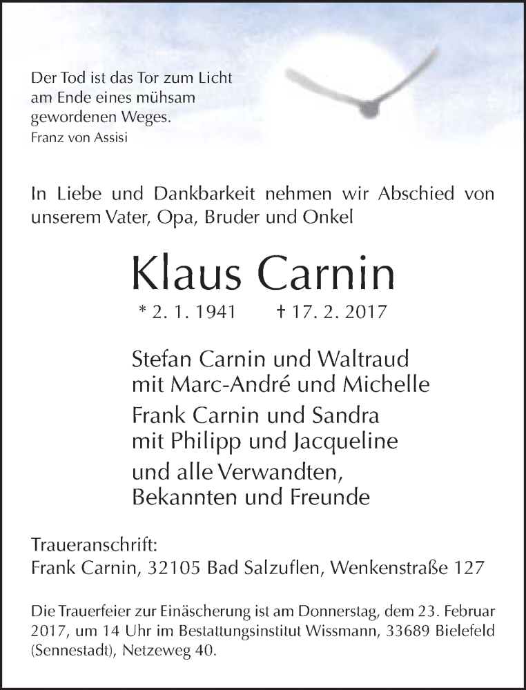  Traueranzeige für Klaus Carnin vom 20.02.2017 aus Neue Westfälische