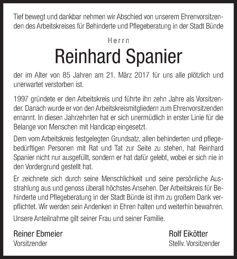  Traueranzeige für Reinhard Spanier vom 25.03.2017 aus Neue Westfälische