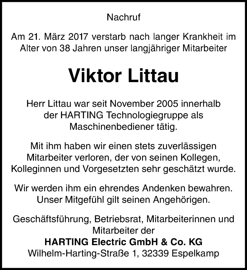  Traueranzeige für Viktor Littau vom 24.03.2017 aus Neue Westfälische