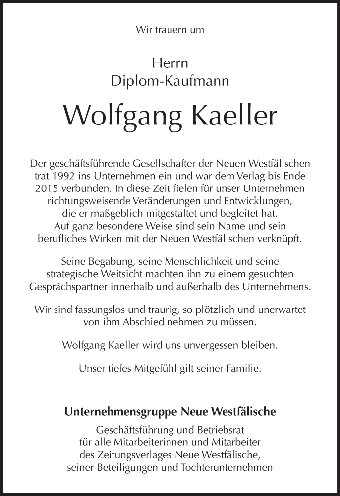  Traueranzeige für Wolfgang Kaeller vom 25.03.2017 aus Neue Westfälische