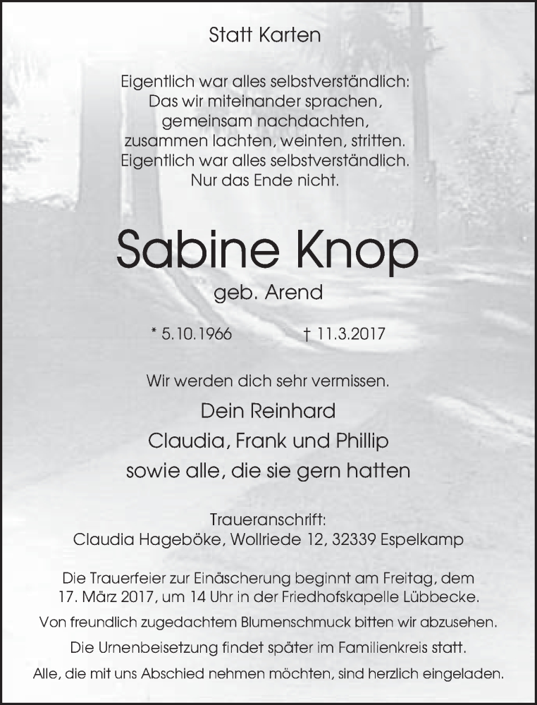  Traueranzeige für Sabine Knop vom 15.03.2017 aus Neue Westfälische