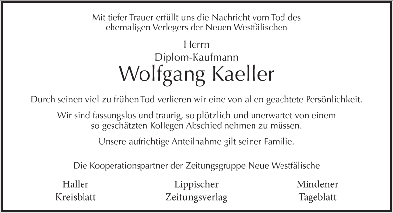  Traueranzeige für Wolfgang Kaeller vom 25.03.2017 aus Neue Westfälische