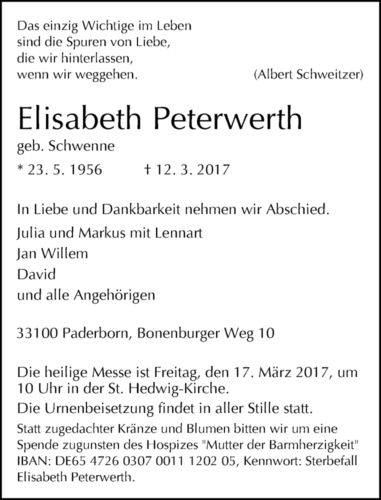  Traueranzeige für Elisabeth Peterwerth vom 14.03.2017 aus Neue Westfälische