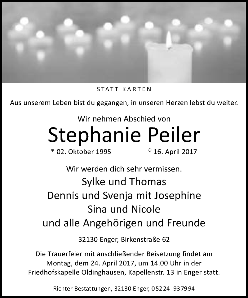  Traueranzeige für Stephanie Peiler vom 19.04.2017 aus Neue Westfälische