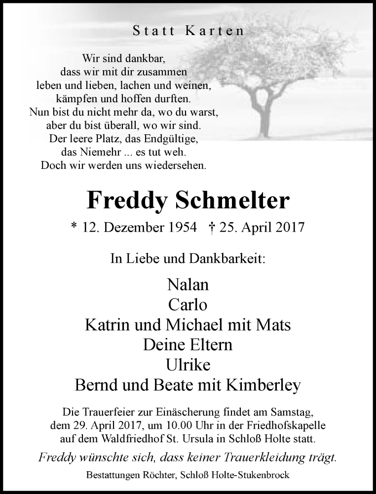  Traueranzeige für Freddy Schmelter vom 27.04.2017 aus Neue Westfälische