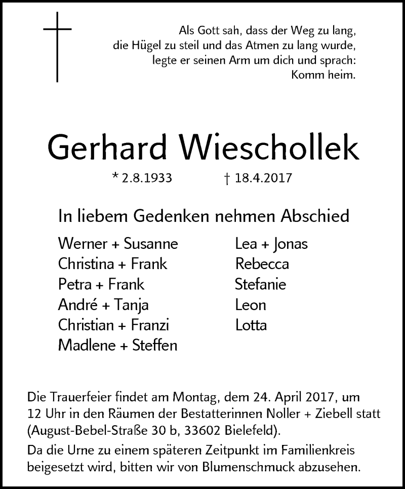  Traueranzeige für Gerhard Wieschollek vom 22.04.2017 aus Neue Westfälische