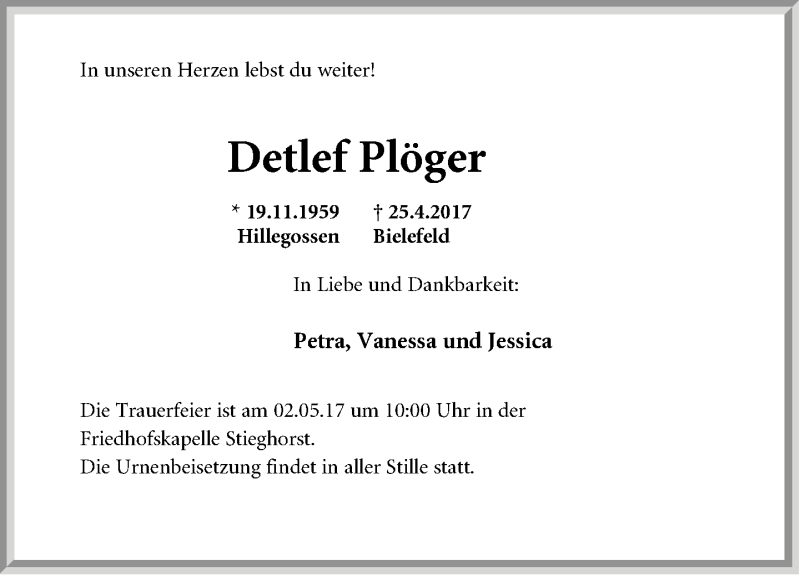  Traueranzeige für Detlef Plöger vom 27.04.2017 aus Neue Westfälische