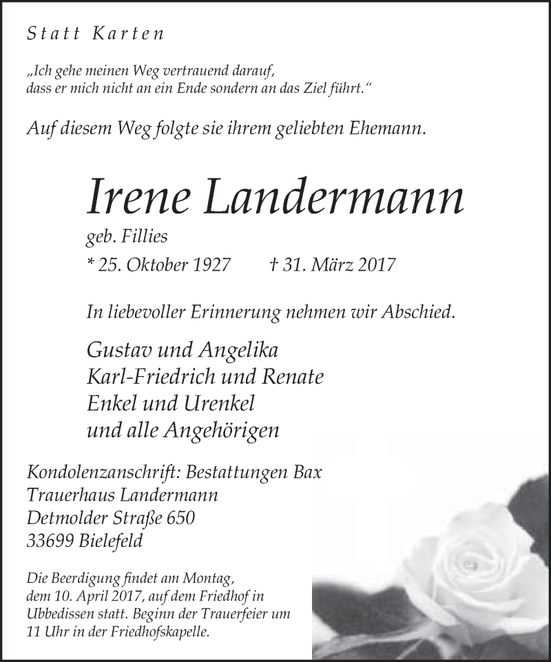  Traueranzeige für Irene Landermann vom 05.04.2017 aus Neue Westfälische