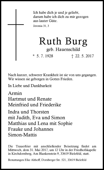 Traueranzeige von Ruth Burg von Neue Westfälische