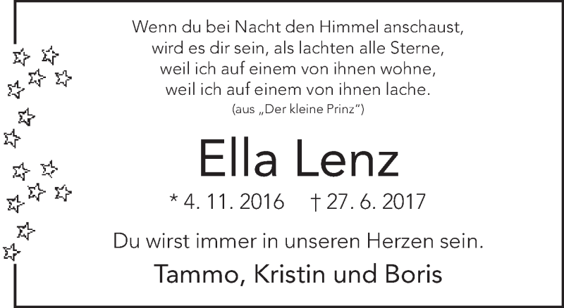  Traueranzeige für Ella Lenz vom 30.06.2017 aus Neue Westfälische