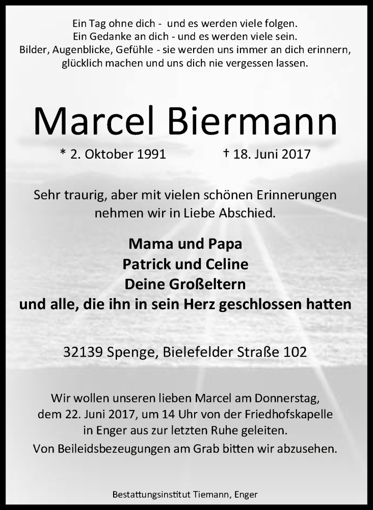  Traueranzeige für Marcel Biermann vom 20.06.2017 aus Neue Westfälische