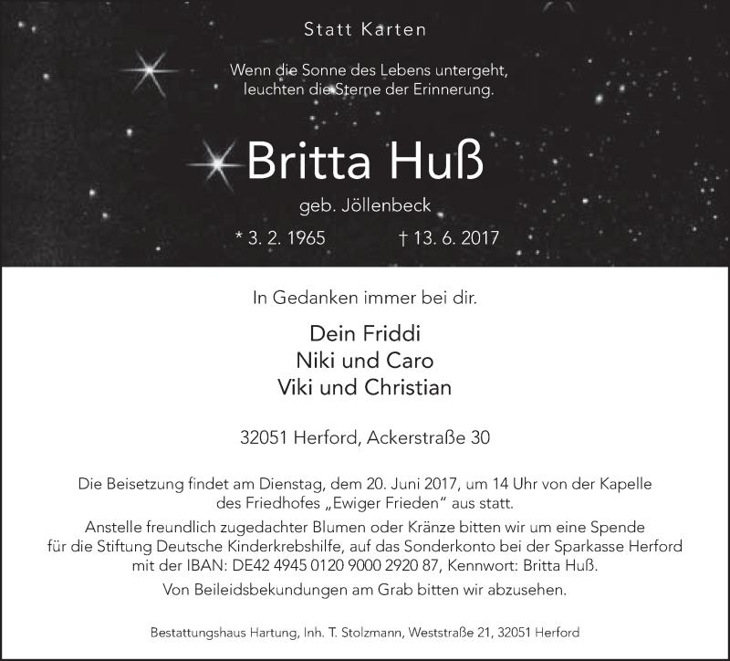  Traueranzeige für Britta Huß vom 15.06.2017 aus Neue Westfälische