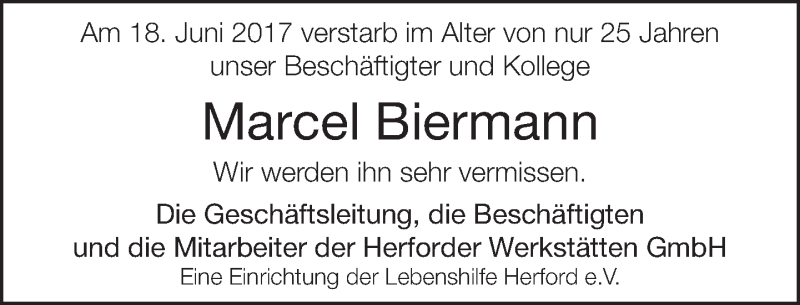  Traueranzeige für Marcel Biermann vom 22.06.2017 aus Neue Westfälische