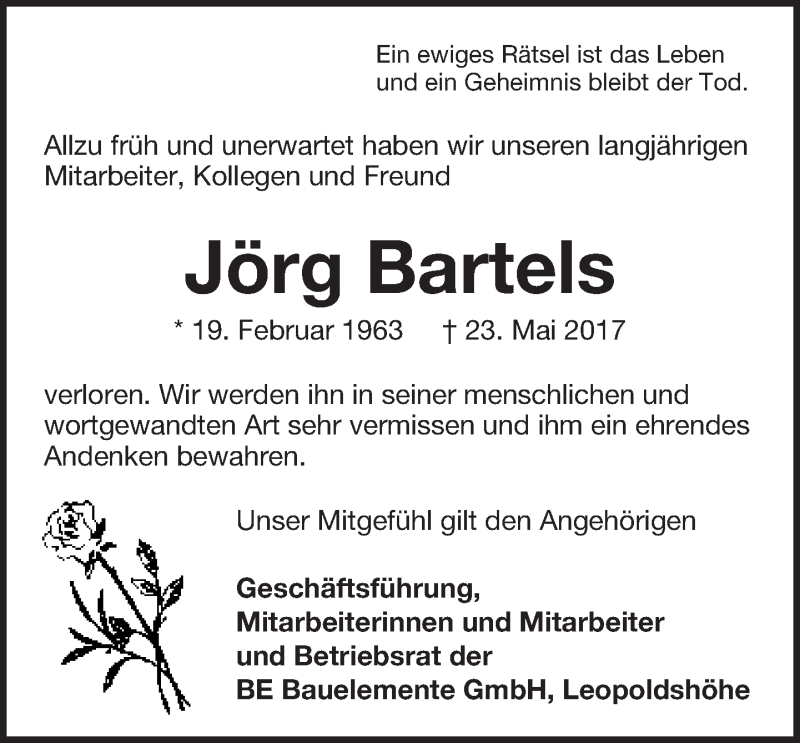  Traueranzeige für Jörg Bartels vom 03.06.2017 aus Neue Westfälische