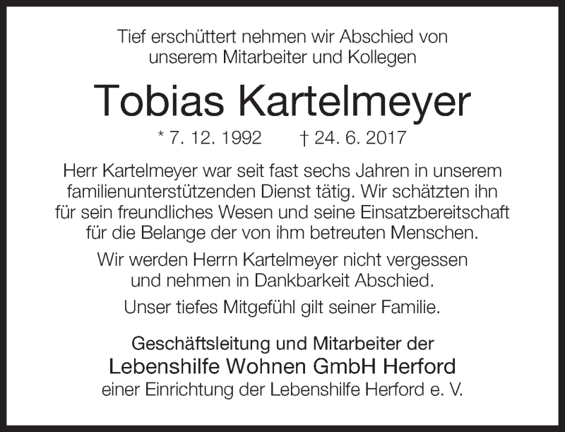  Traueranzeige für Tobias Kartelmeyer vom 28.06.2017 aus Neue Westfälische
