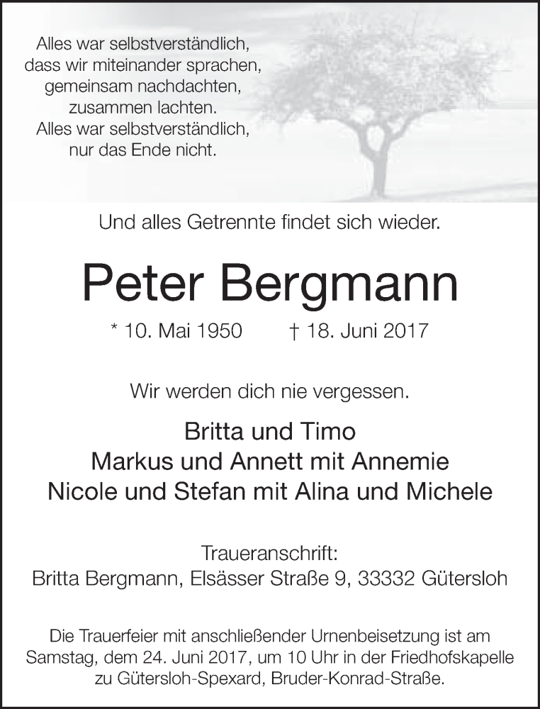  Traueranzeige für Peter Bergmann vom 21.06.2017 aus Neue Westfälische