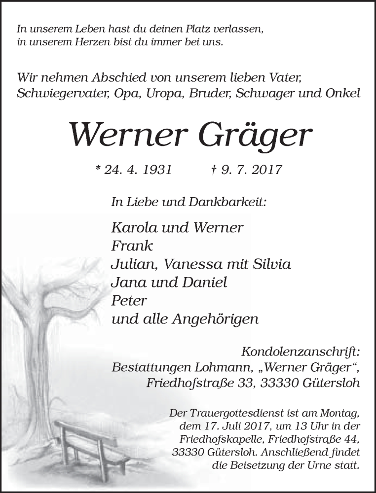  Traueranzeige für Werner Gräger vom 12.07.2017 aus Neue Westfälische
