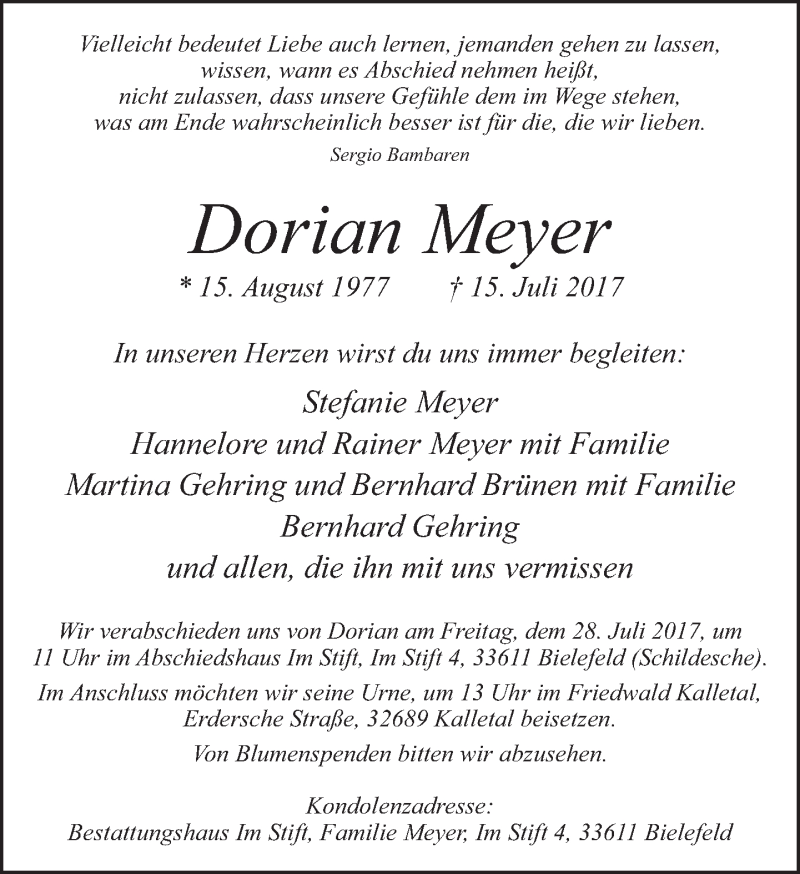  Traueranzeige für Dorian Meyer vom 22.07.2017 aus Neue Westfälische